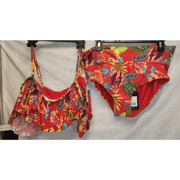 New SEXY LARGE Sunn Swim Lab Red Hawaiian two-piece ruffle Bikini HIGH waist - Picture 1 of 12